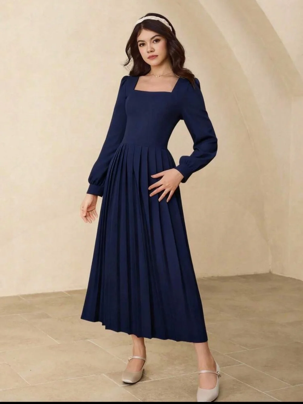 Navy Blue Long Sleeve Pleated Midi Dress Girls Size 14